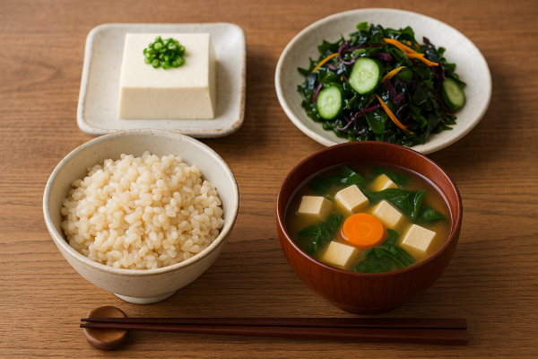 玄米ご飯と味噌汁、豆腐、海藻サラダなどを並べた和食の食卓の写真