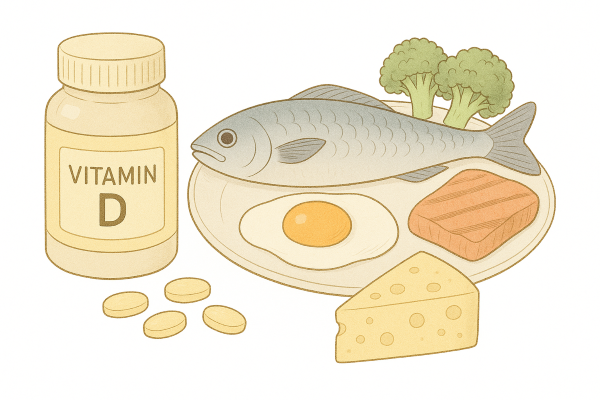 ビタミンDのサプリメントと食事のイラスト