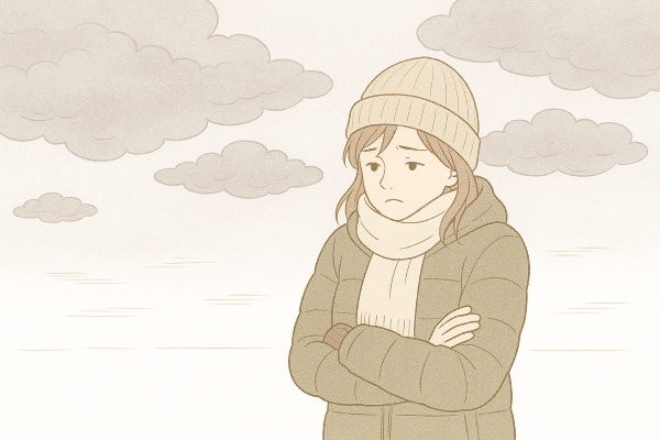 冬の曇り空と防寒している人のイラスト