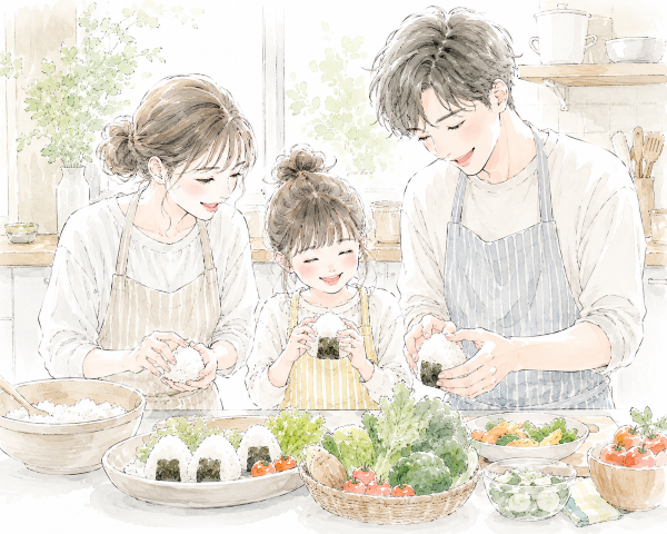 親子が笑顔で食事の準備